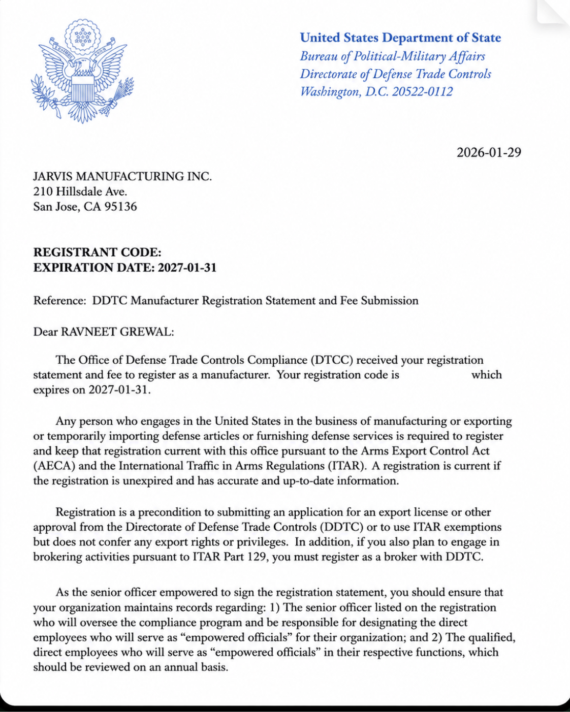 ITAR Registration