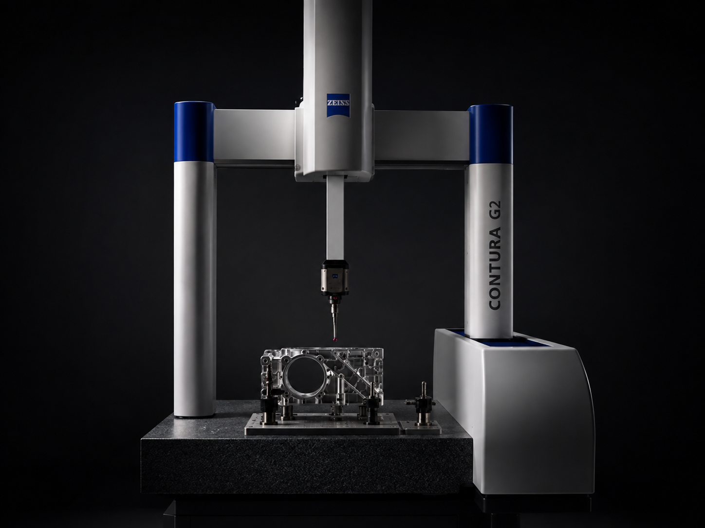 Zeiss Contura G2 coordinate measuring machine inspecting a machined aluminum component